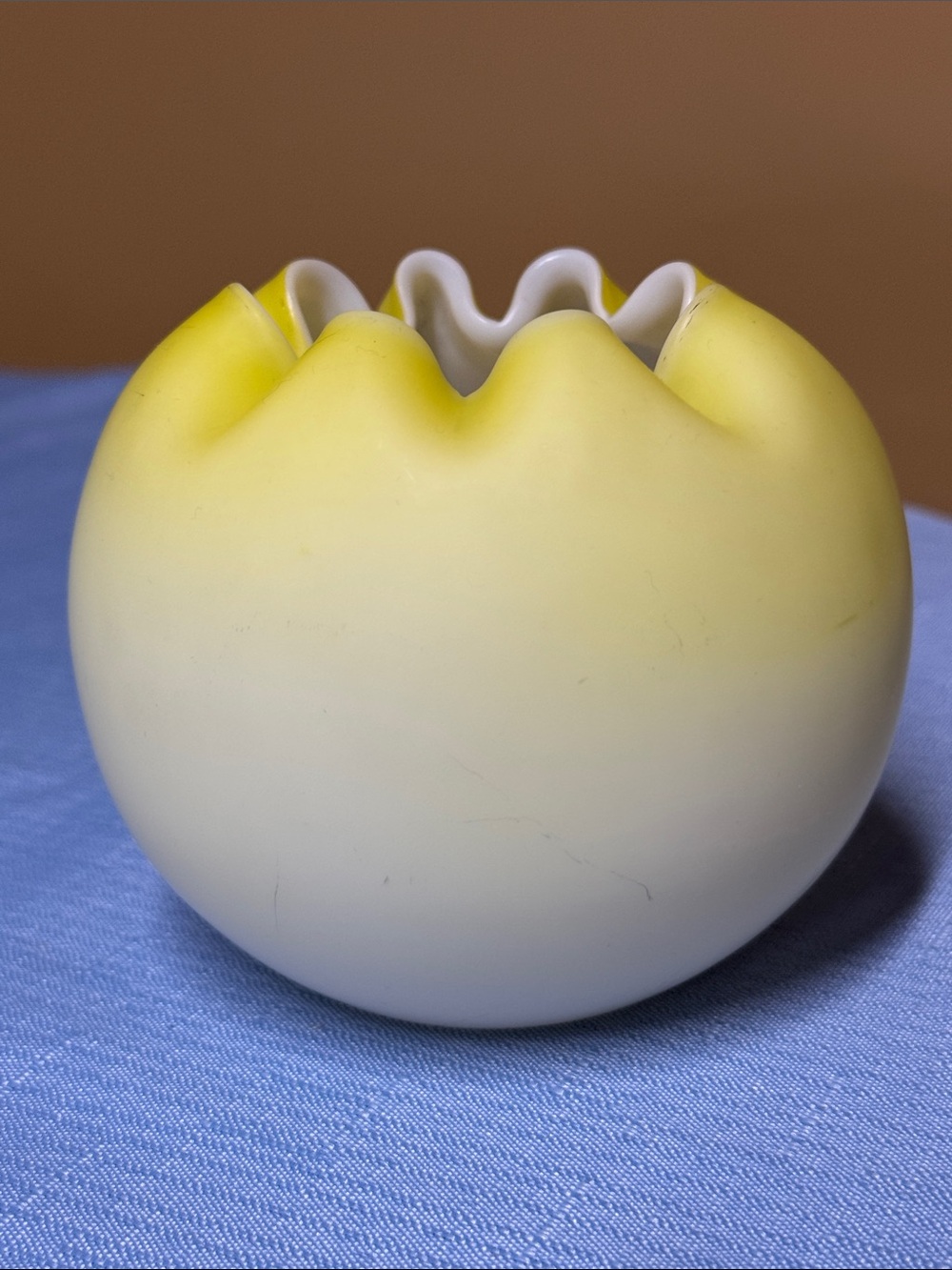 Mt. Washington yellow cased satin glass rose bowl - Victorian hand blown 3.75”